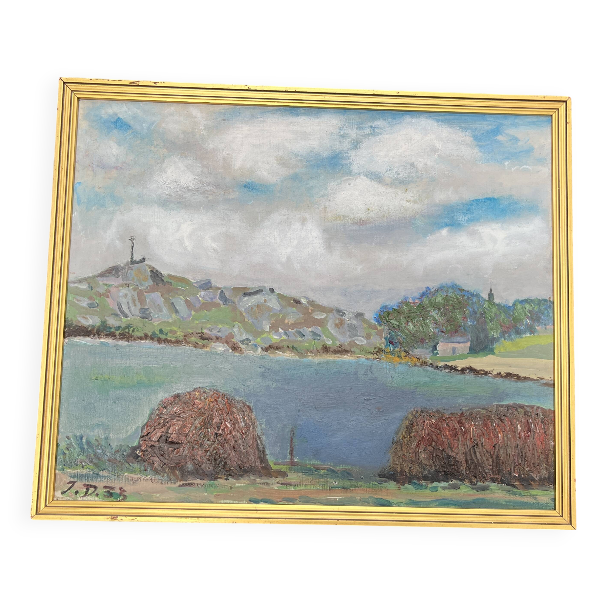 Painting Animated landscape at the lake – Signed oil