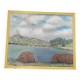 Painting Animated landscape at the lake – Signed oil