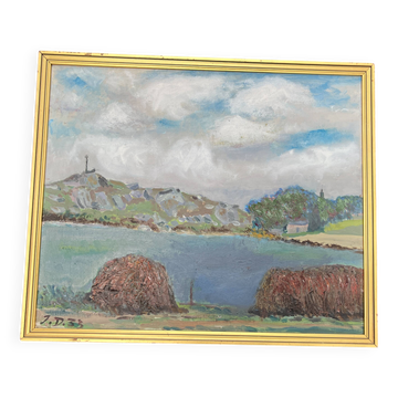 Tableau Paysage animé au lac – Huile signée