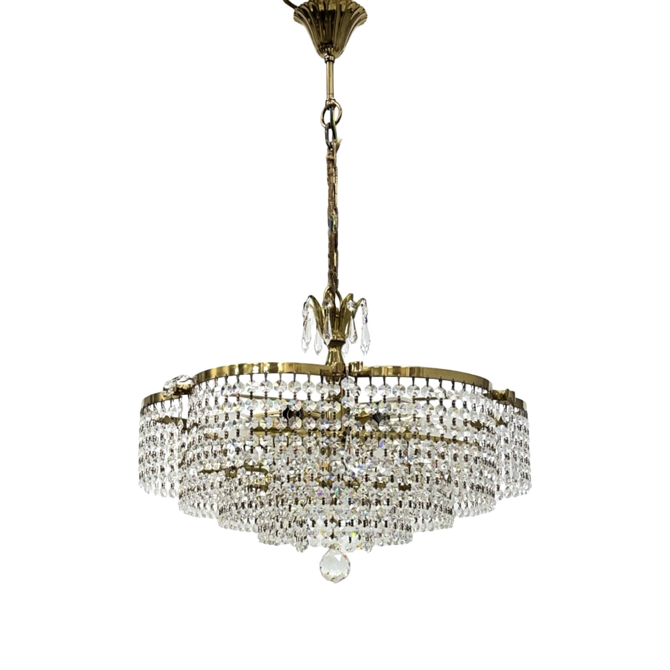 Vintage basket crystal chandelier Bakalowits & Söhne brass, Austria 1970s