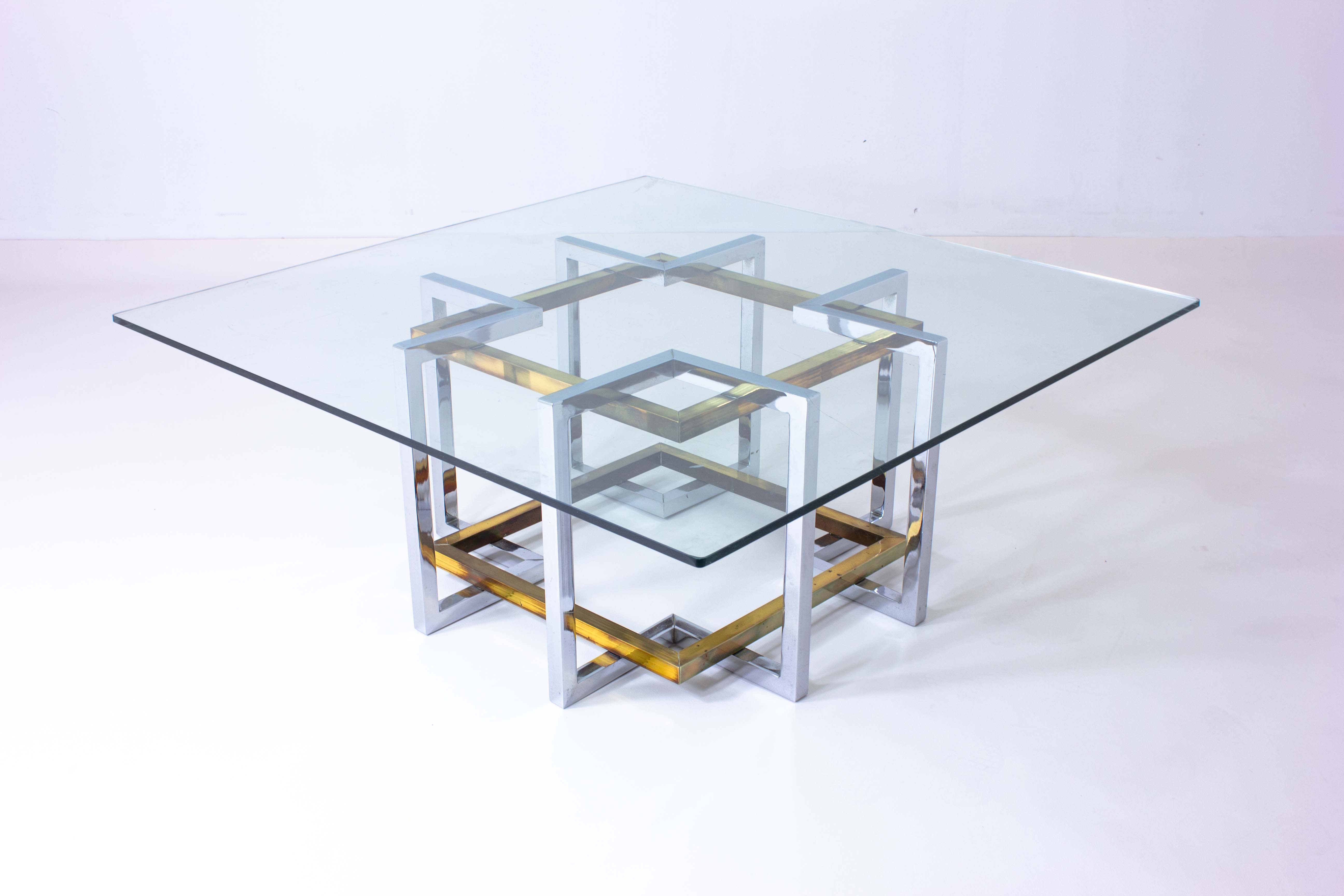 Geometrical brass & chrome coffee table, Belgium 1970s