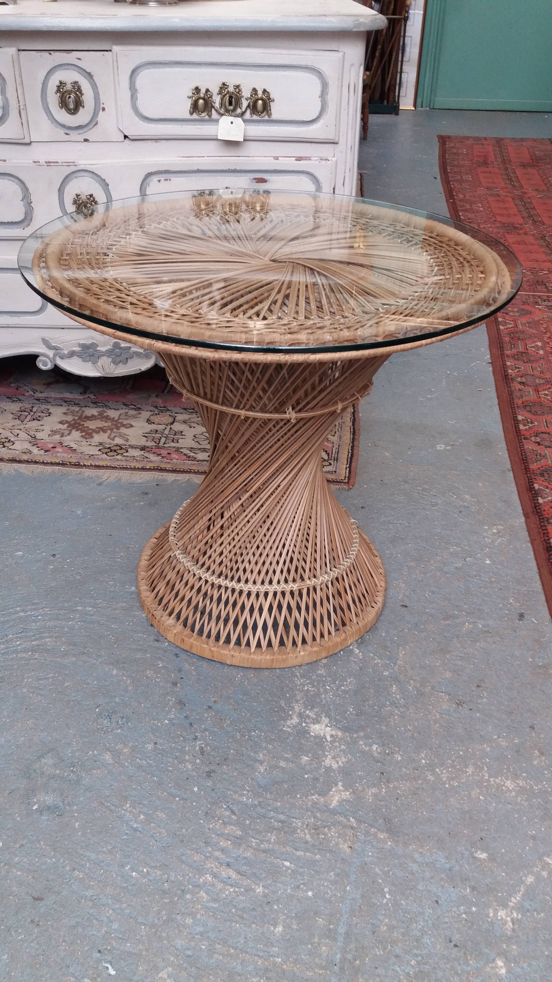 Rattan coffee table, glass top