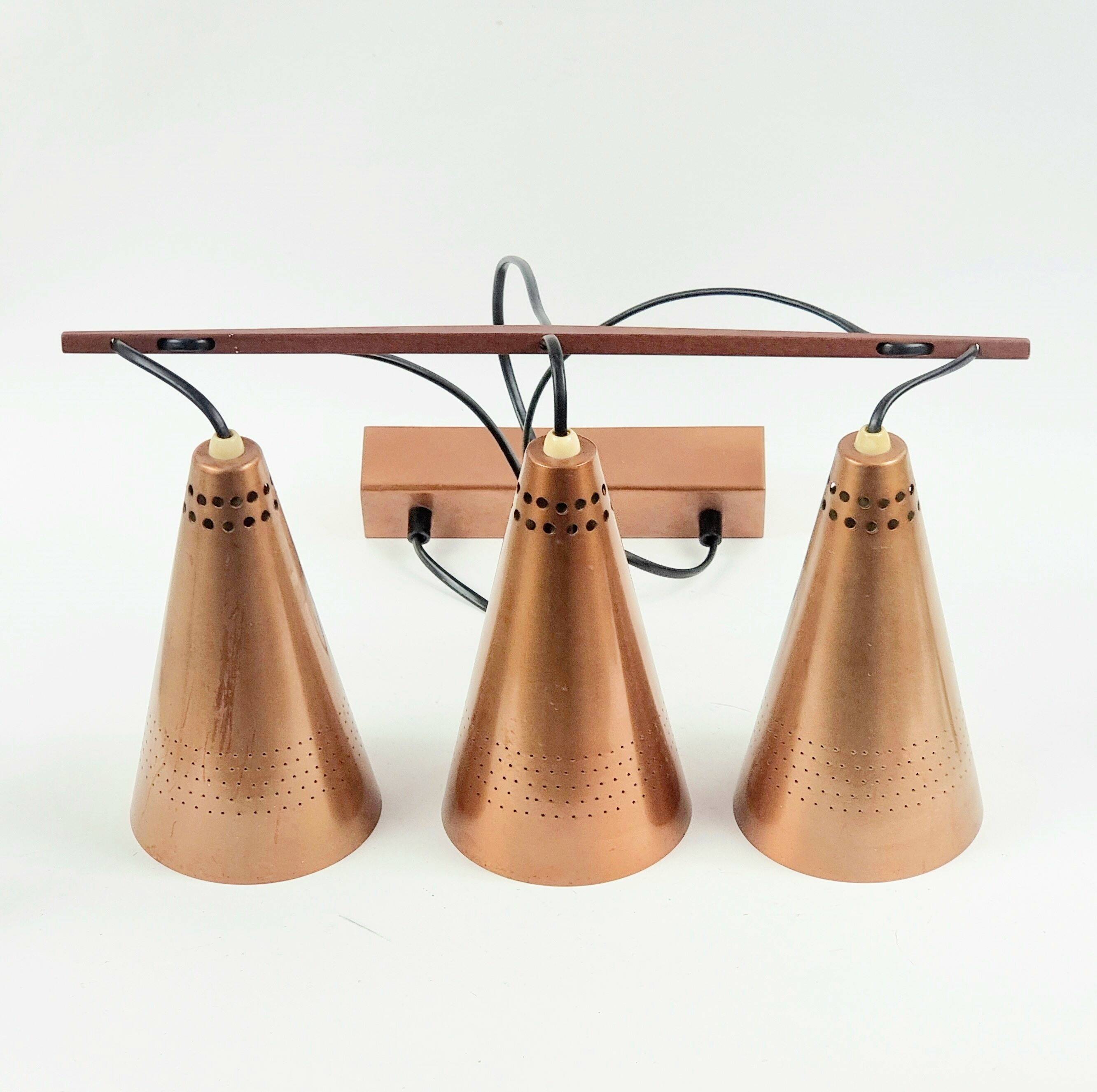 Mid Century Scandinavian Copper & Teak Triple Pendant By Jakobsson, 1950s