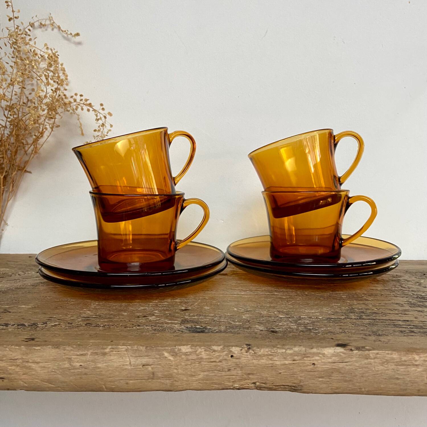 4 amber Duralex cups and saucers