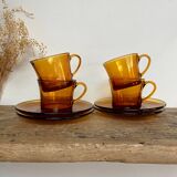 4 amber Duralex cups and saucers
