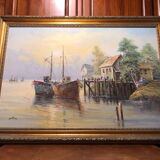 Oil on canvas john luini marine view boats + golden frame