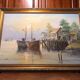 Oil on canvas john luini marine view boats + golden frame