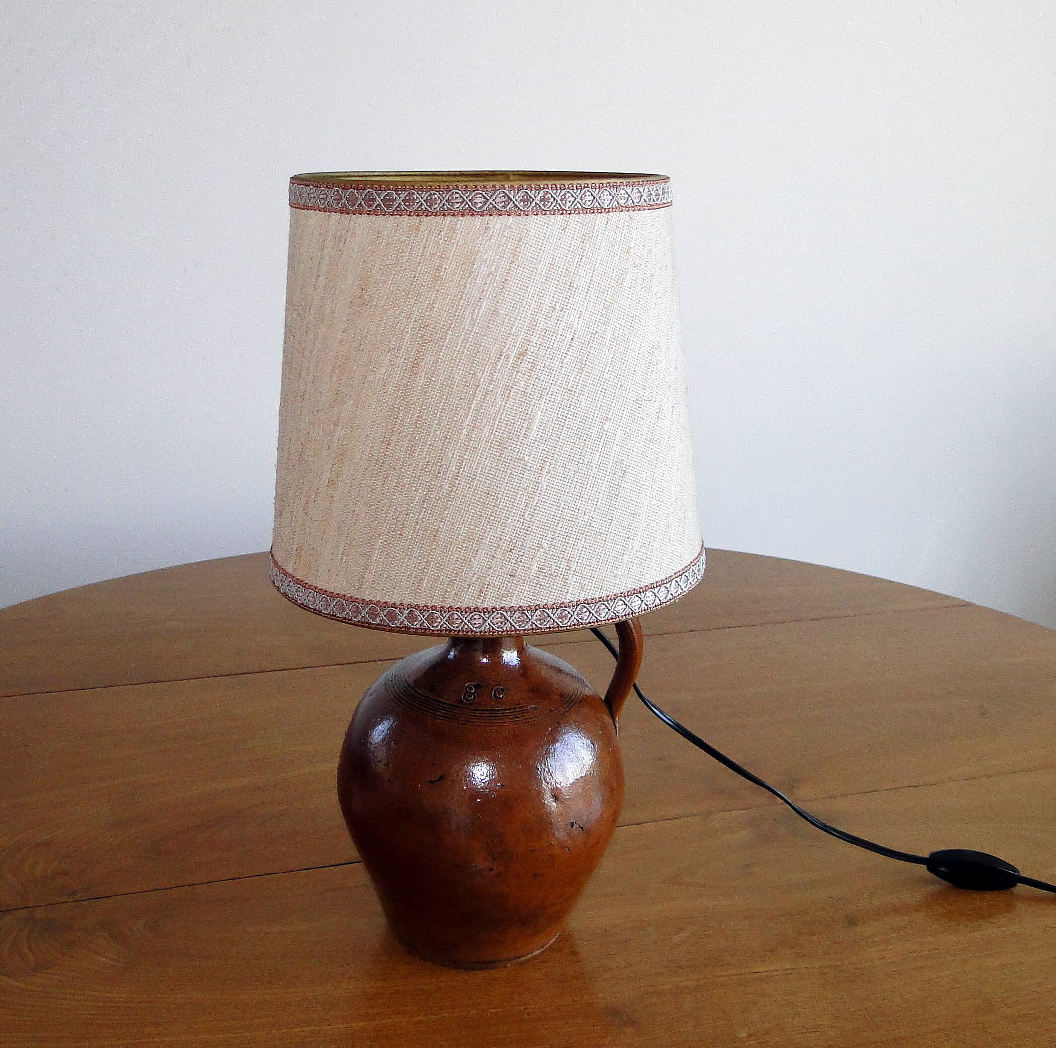 Vintage lamp 60s/70s foot glazed stoneware lampshade woven linen
