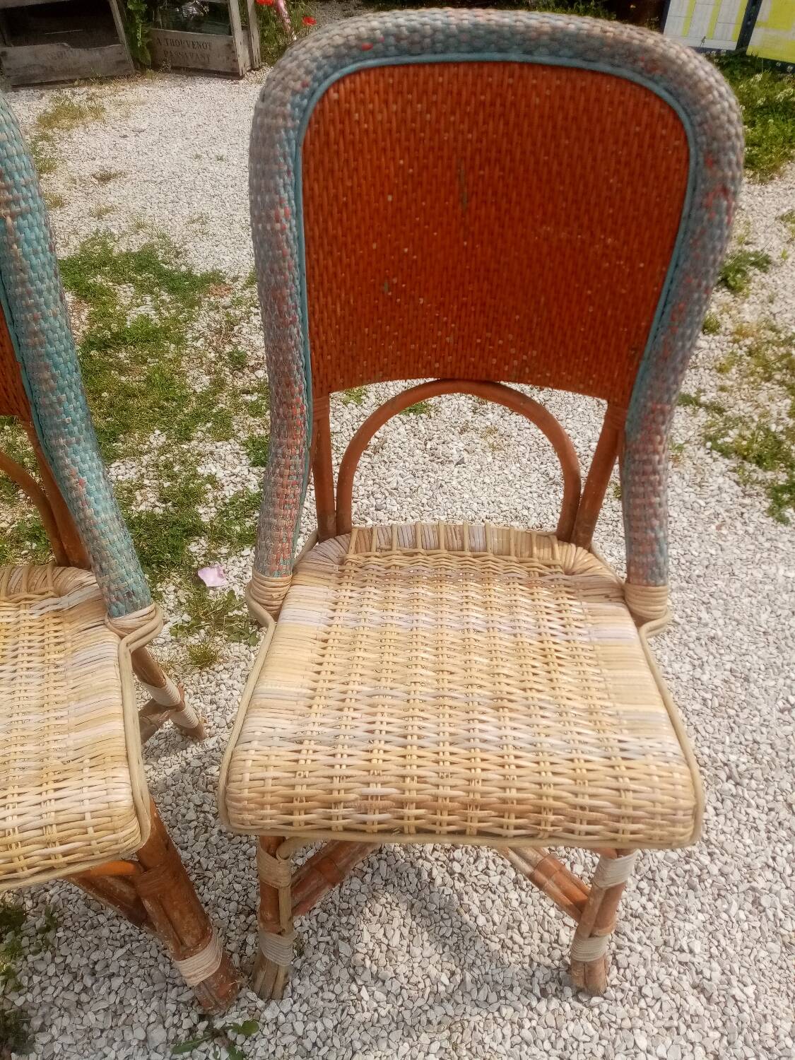 Pair of art deco garden chairs in patinated woven wicker