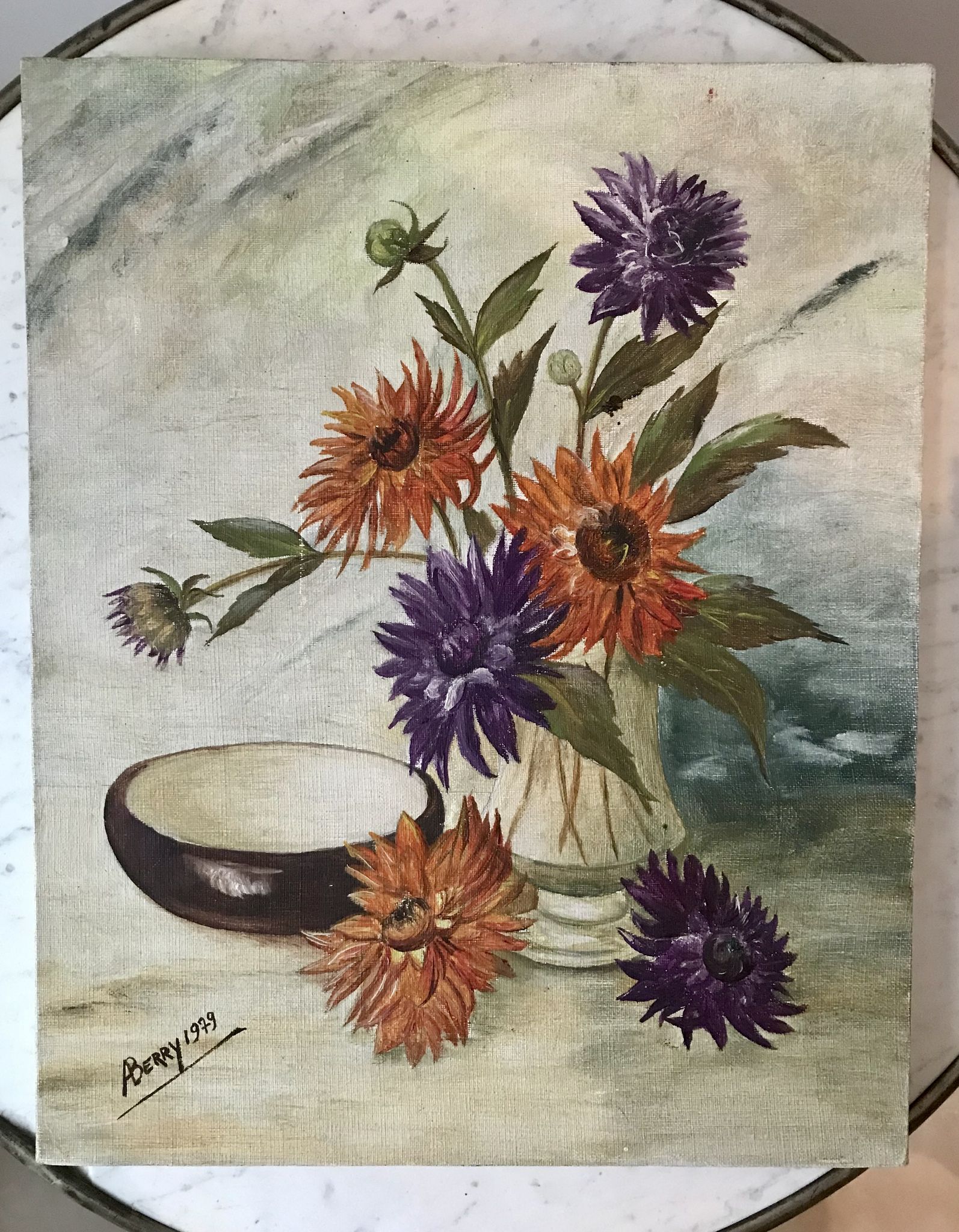 Oil painting on canvas still life bouquet buttercups and lilacs signed vintage