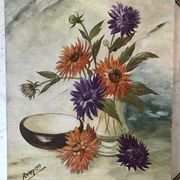 Oil painting on canvas still life bouquet buttercups and lilacs signed vintage