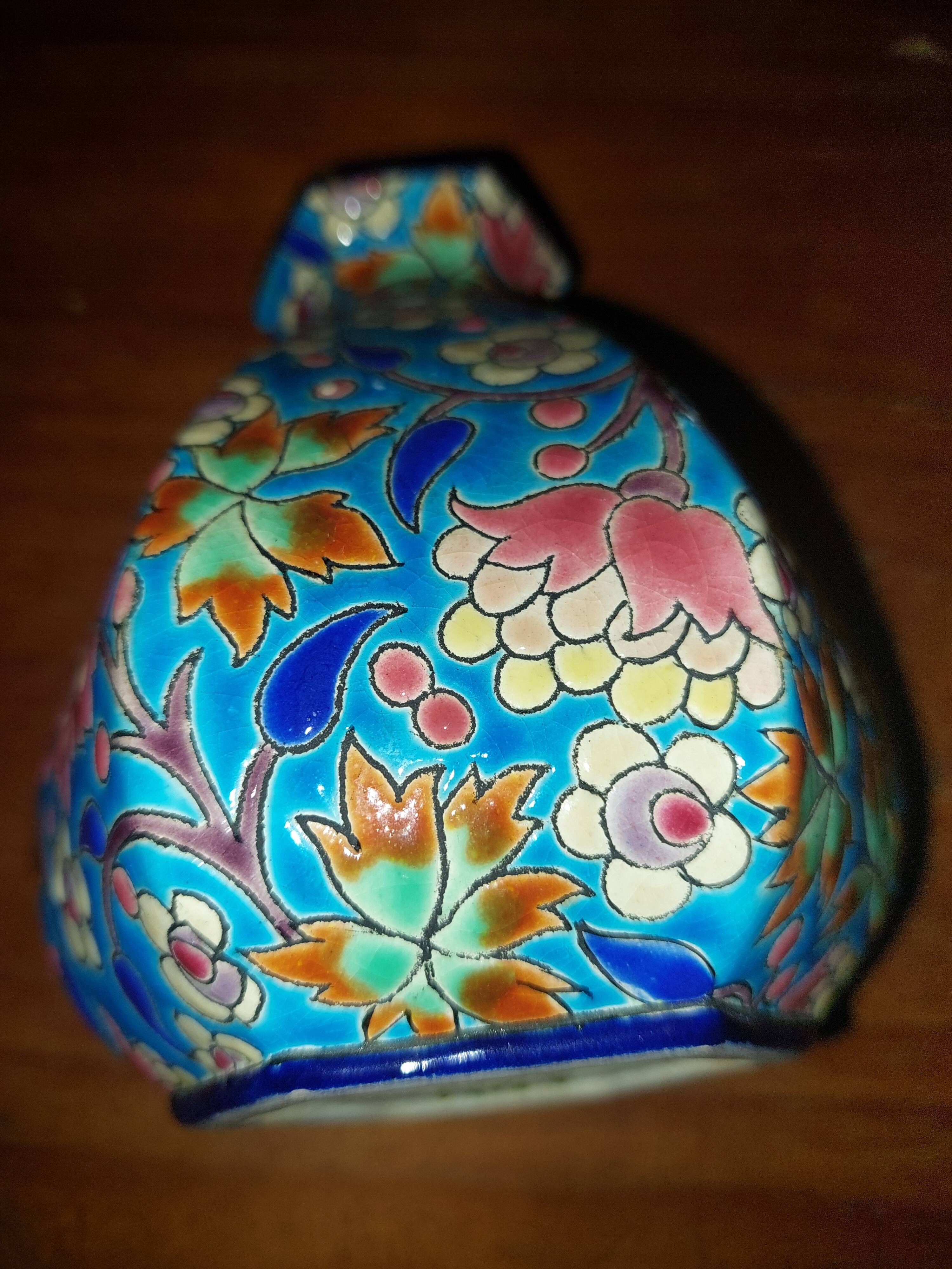 Hand-decorated Longwy enamel vase no. D.5670