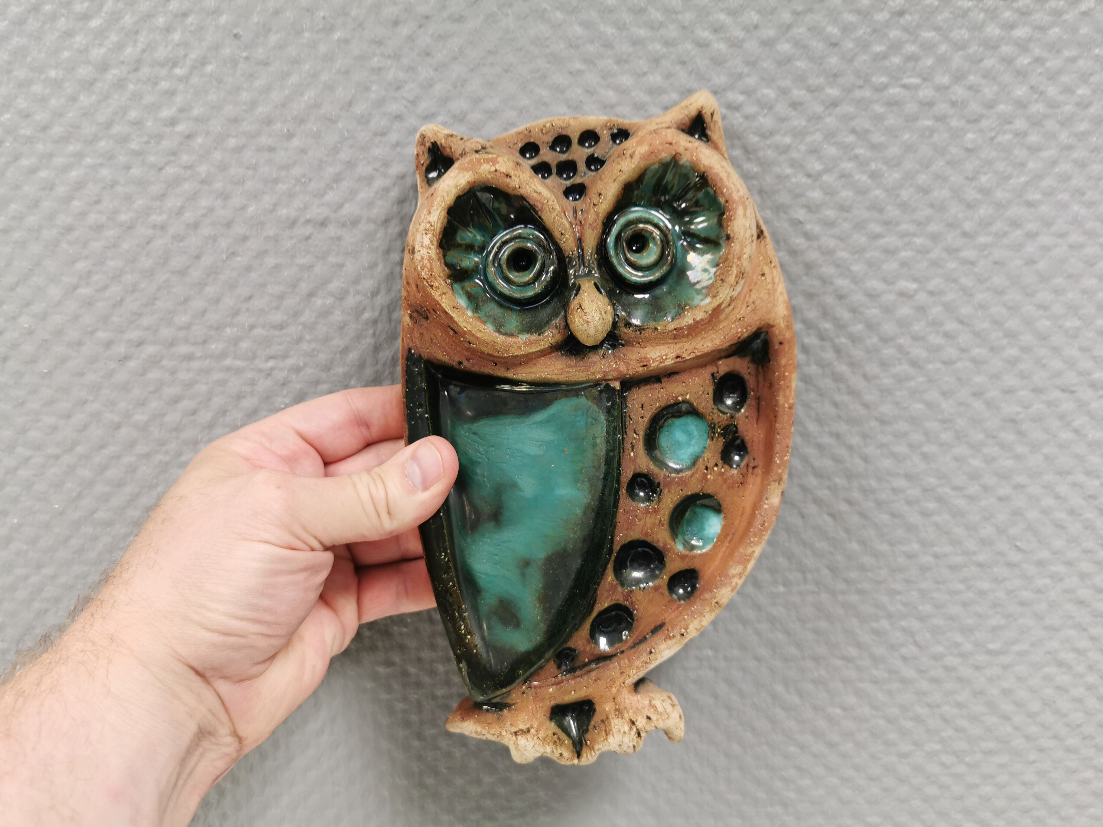 Owl, vintage ceramic wall plaque, Laholm, Sweden, 1970s