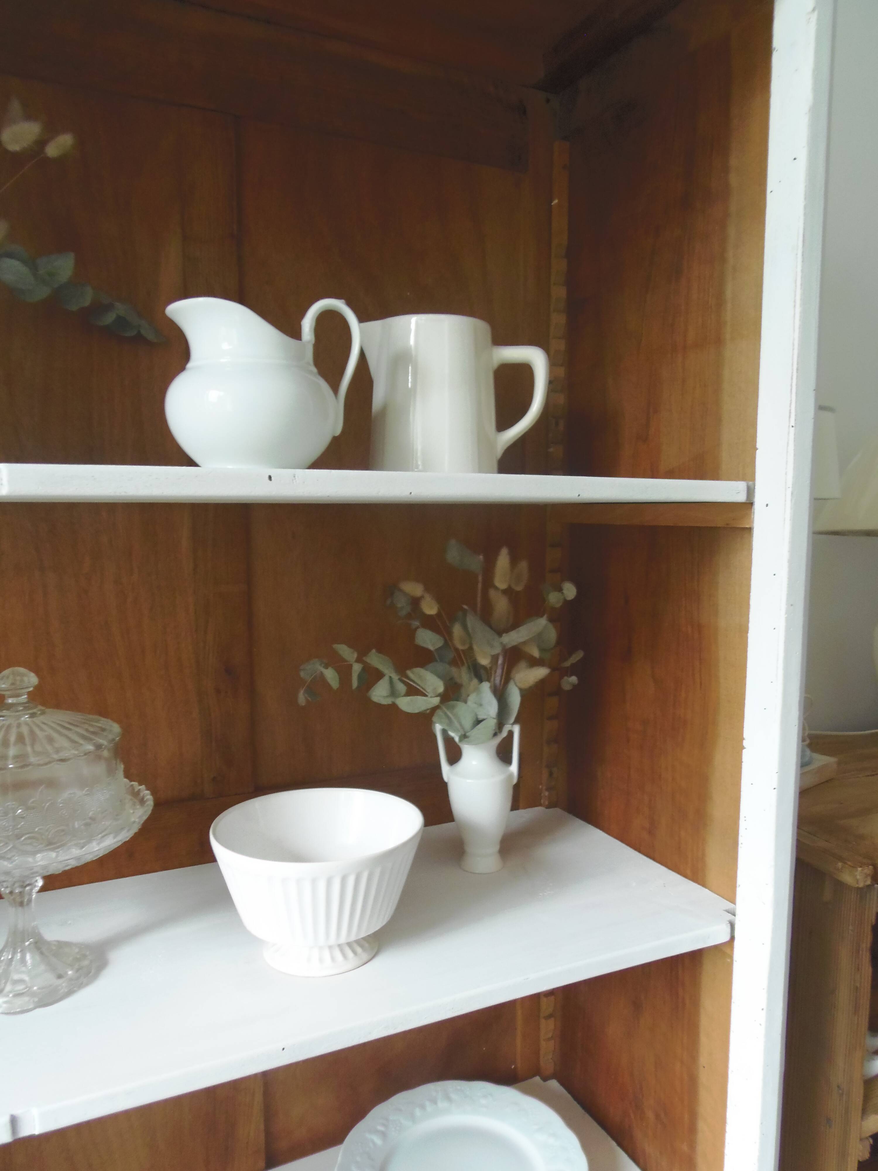 Re-enchanted vintage bookcase in pearl grey waxed finish.
