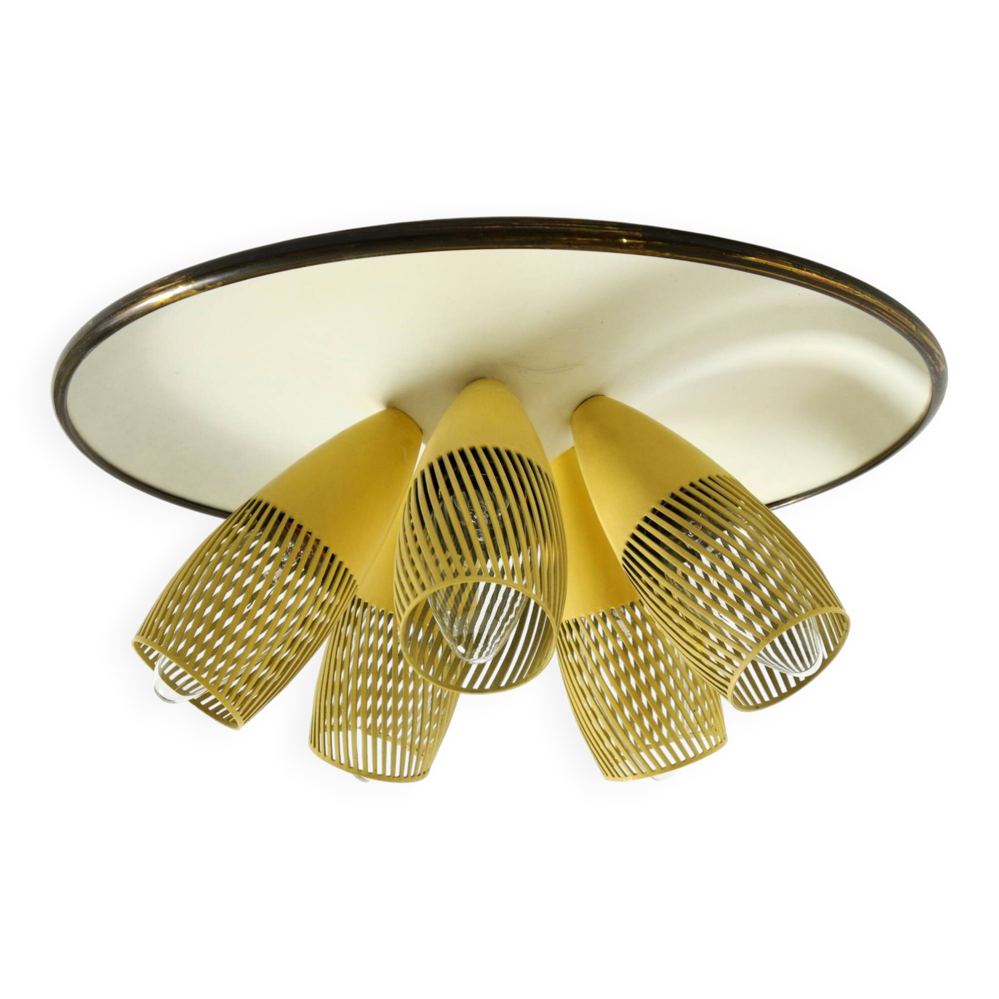 Very rare 5-arm mid-century modern metal bag ceiling lamp with round white