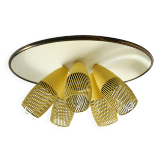 Very rare 5-arm mid-century modern metal bag ceiling lamp with round white