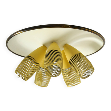 Very rare 5-arm mid-century modern metal bag ceiling lamp with round white
