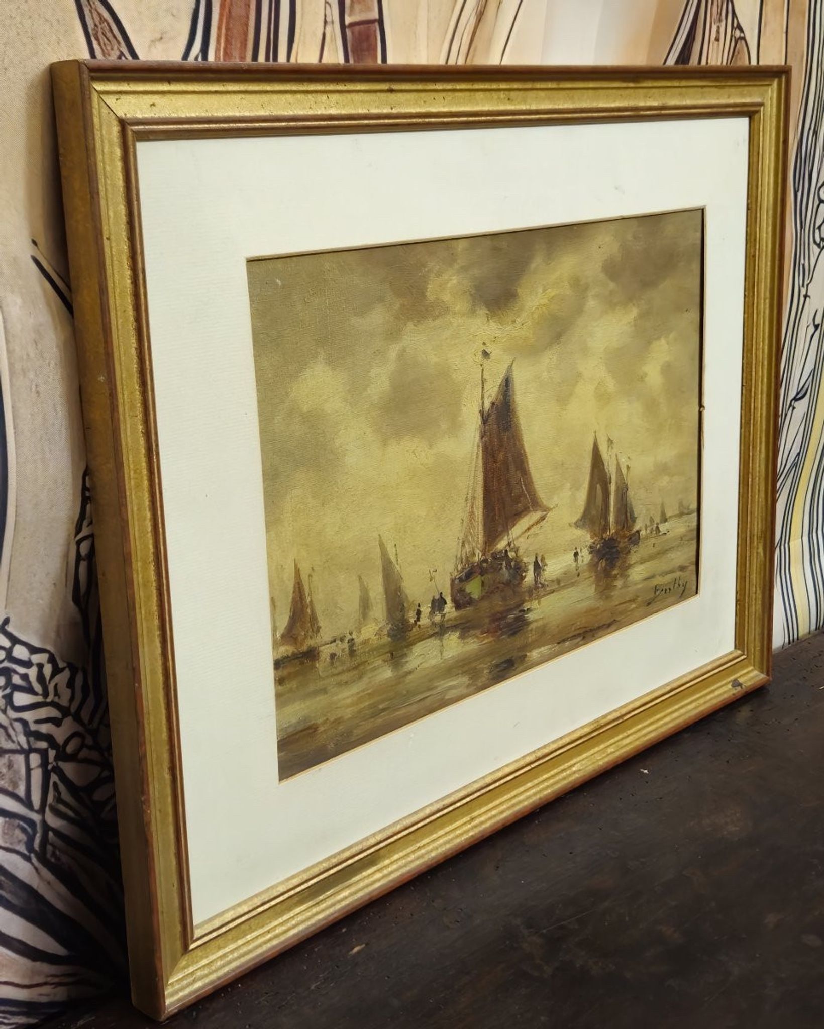Oil on canvas antique – seascape with sailing boats – signed Bentley