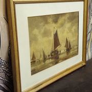 Oil on canvas antique – seascape with sailing boats – signed Bentley