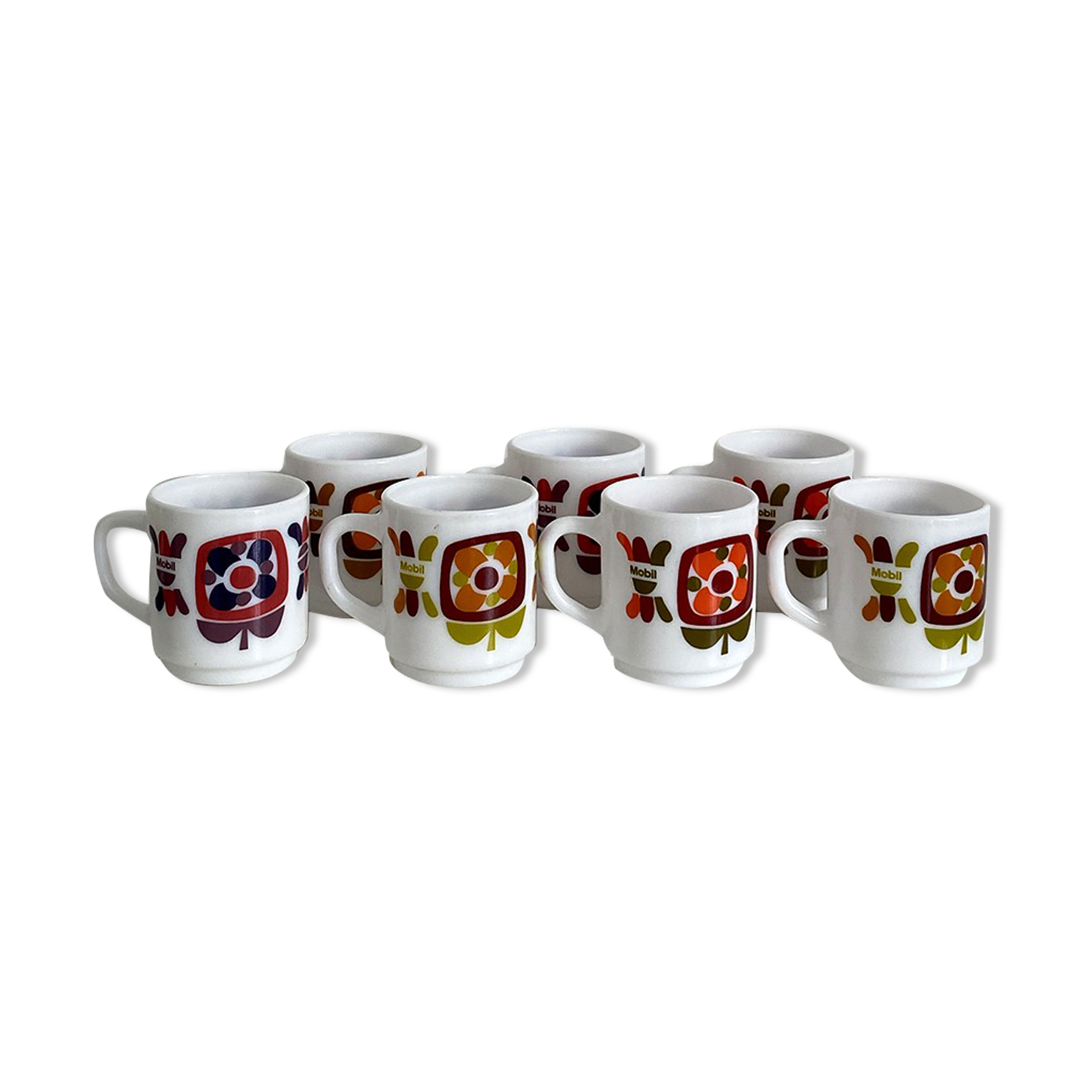 Set of 7 Arcopal coffee cups for Mobil vintage 70's