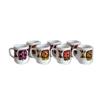 Set of 7 Arcopal coffee cups for Mobil vintage 70's