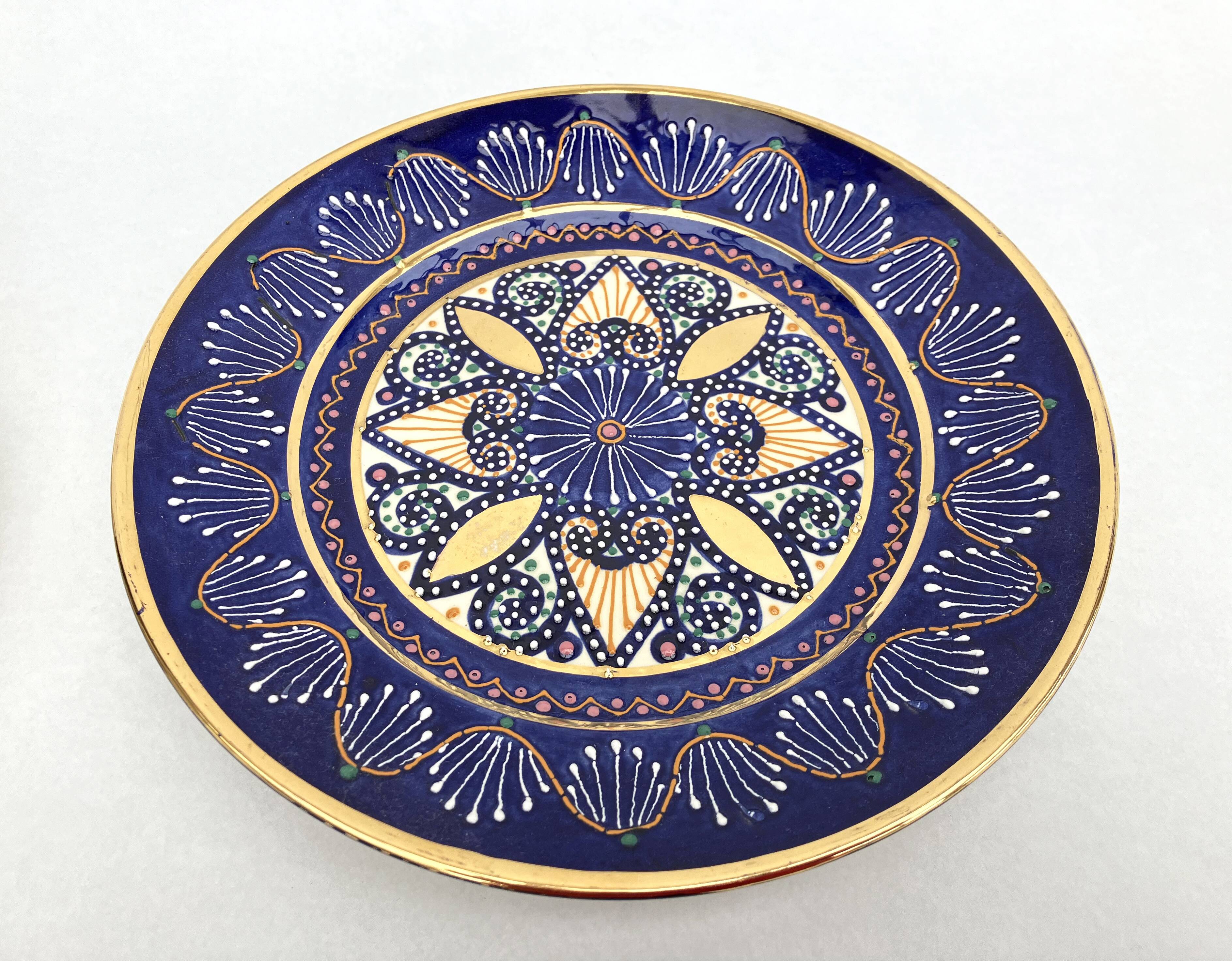2 enamelled earthenware plates signed HB Quimper • Embroidery or beaded decoration by Pierre Poquet in relief