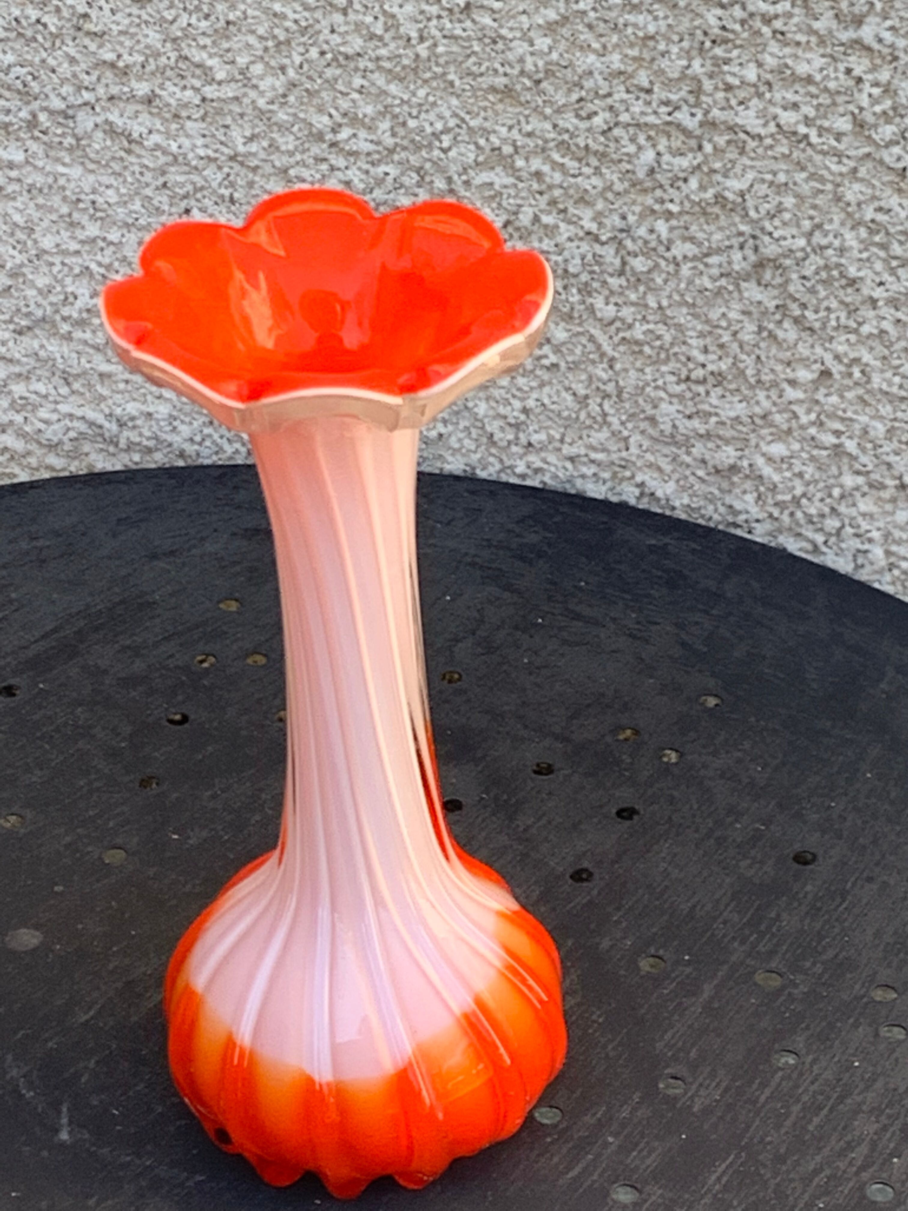 Orange and white opaline vase in the shape of a vintage flower corolla