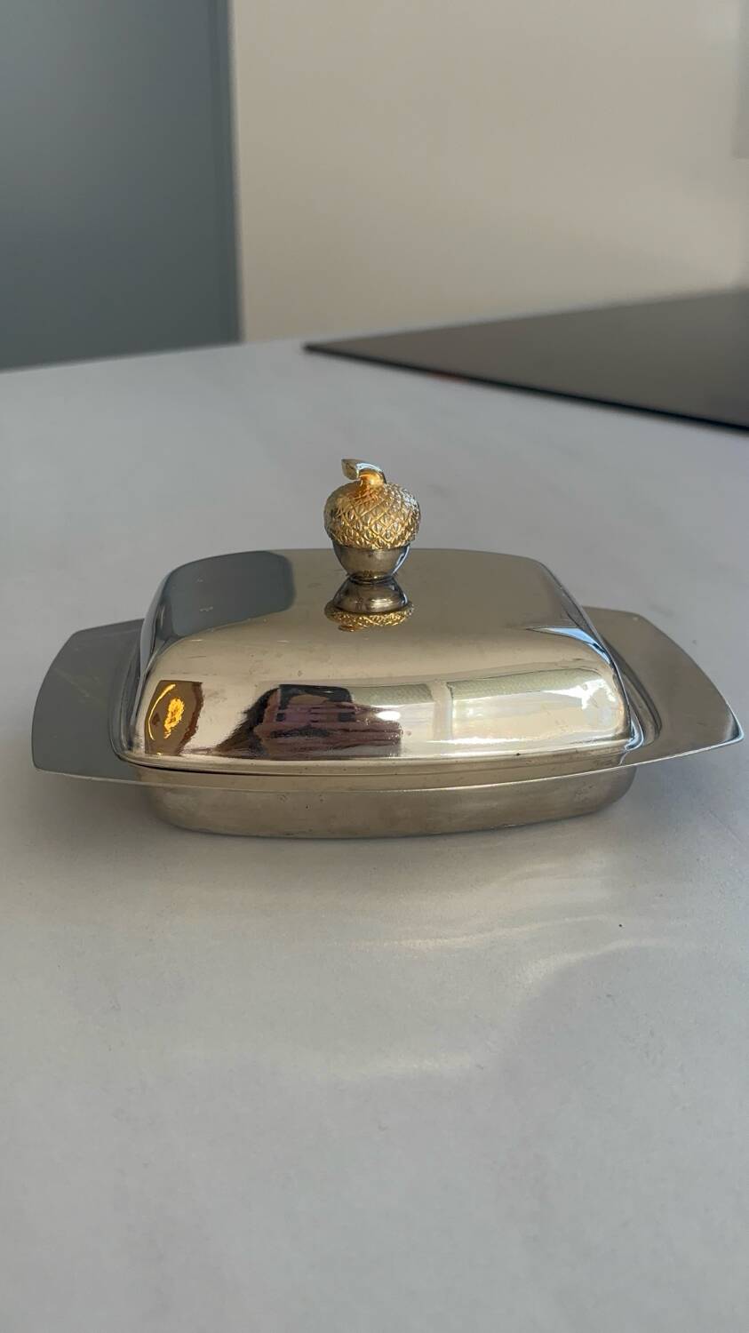 Vintage silver-plated butter dish with golden hazelnut - retro elegance