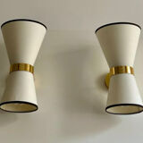 Pair of Italian sconces 80's vintage brass fabric