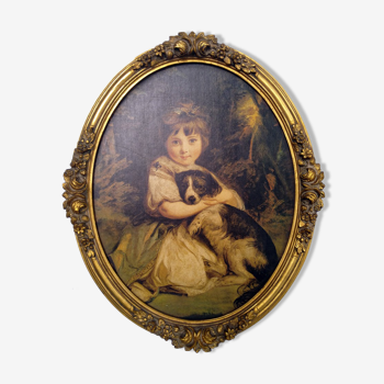 Antique big oval painting of a girl with her dog in a slightly sculpted frame