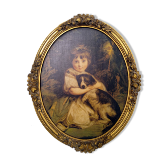 Antique big oval painting of a girl with her dog in a slightly sculpted frame