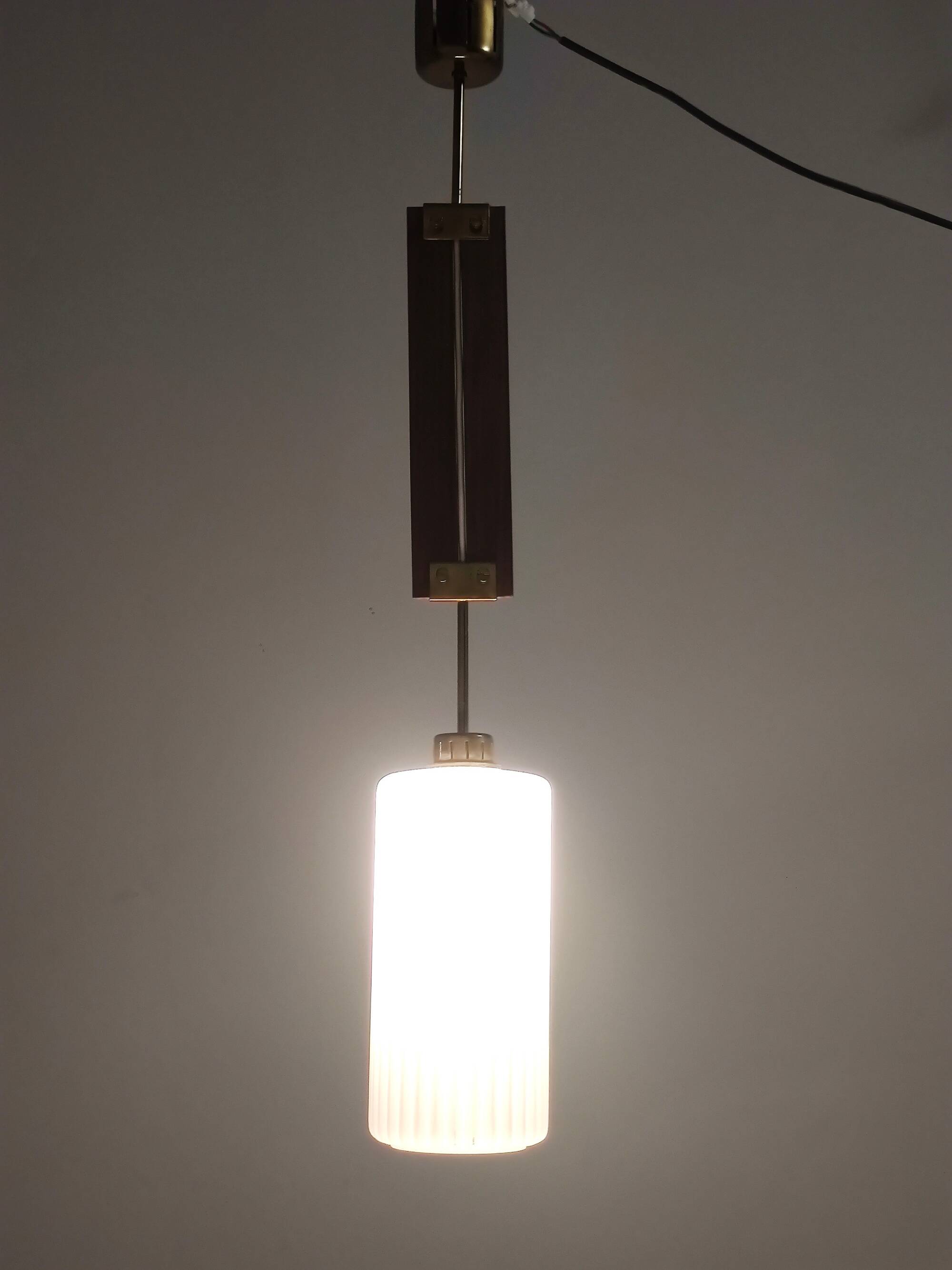 Vintage Glazed Opaline Glass, Teak and Brass Pendant, Italy
