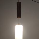 Vintage Glazed Opaline Glass, Teak and Brass Pendant, Italy
