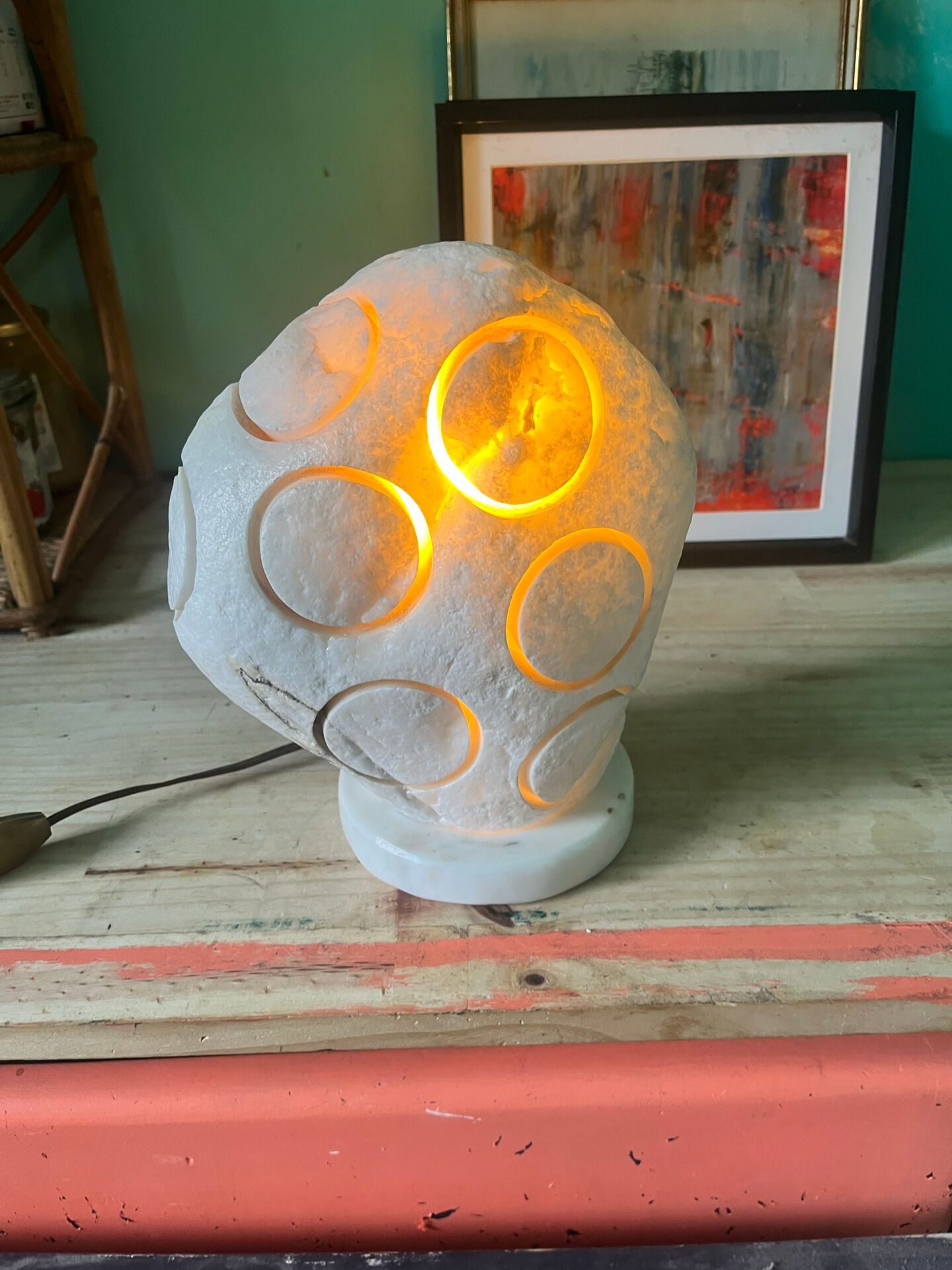 Vintage carved stone mushroom table lamp