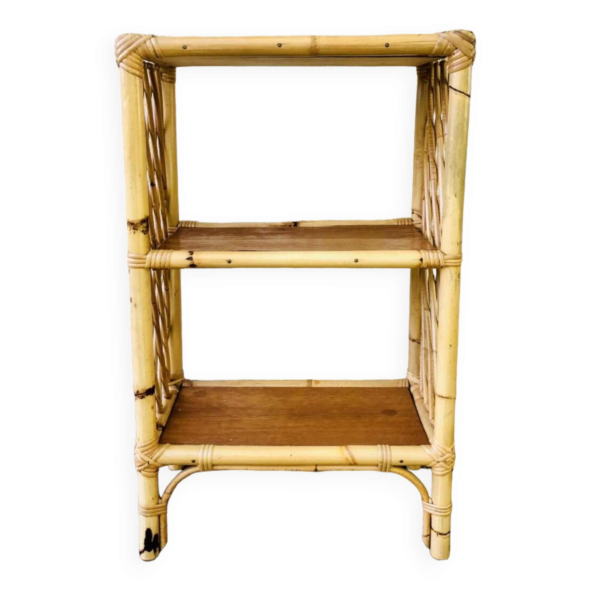 Wall shelf blond wood, bamboo, vintage rattan