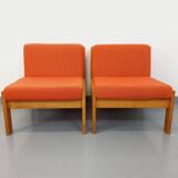 Set of 2 vintage Baumann armchairs in orange fabric and wood from the 80s