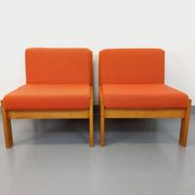 Set of 2 vintage Baumann armchairs in orange fabric and wood from the 80s