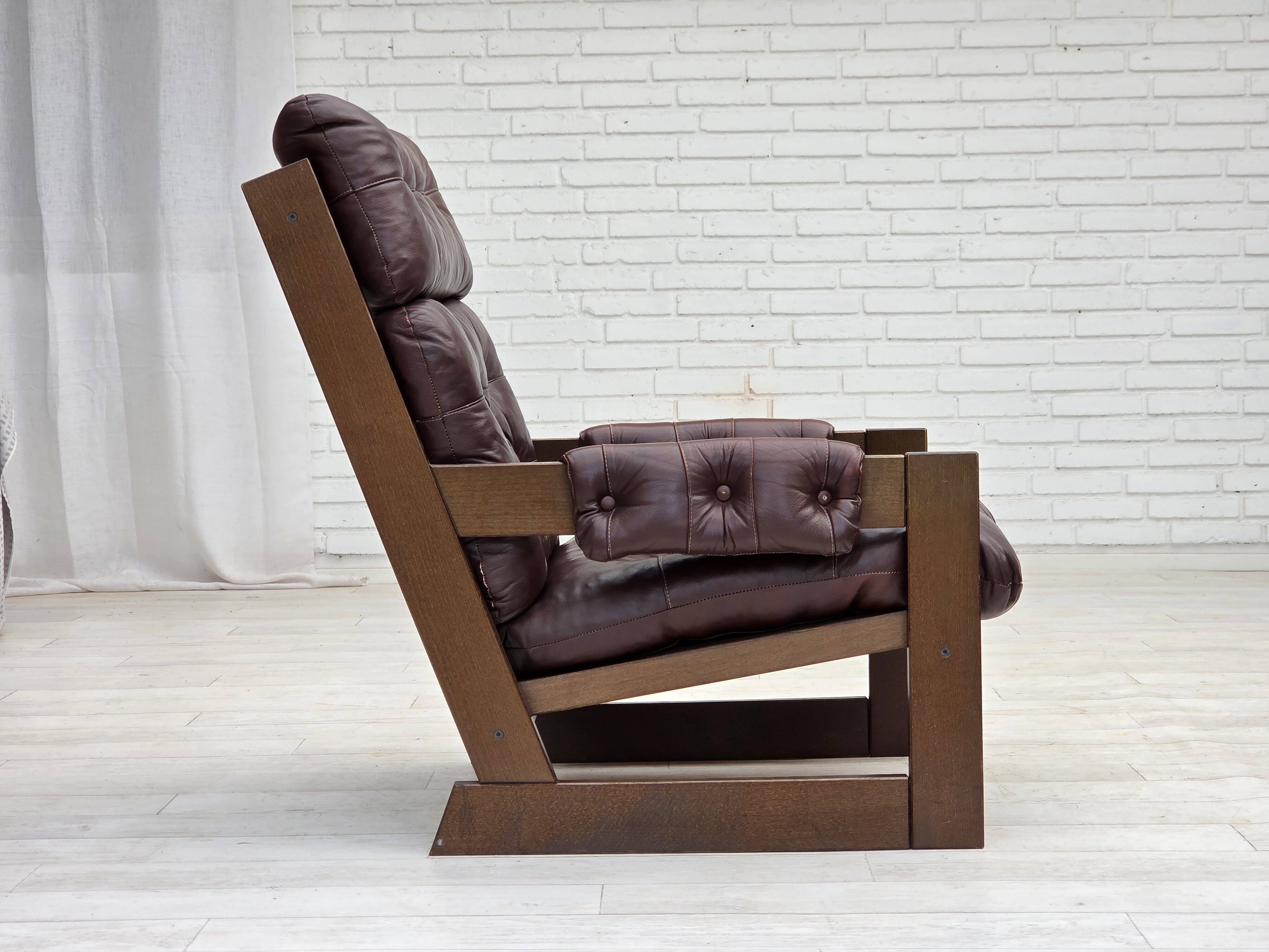1970s, Scandinavian highback armchair, brown furniture leather, dark beech.