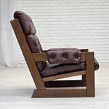 1970s, Scandinavian highback armchair, brown furniture leather, dark beech.