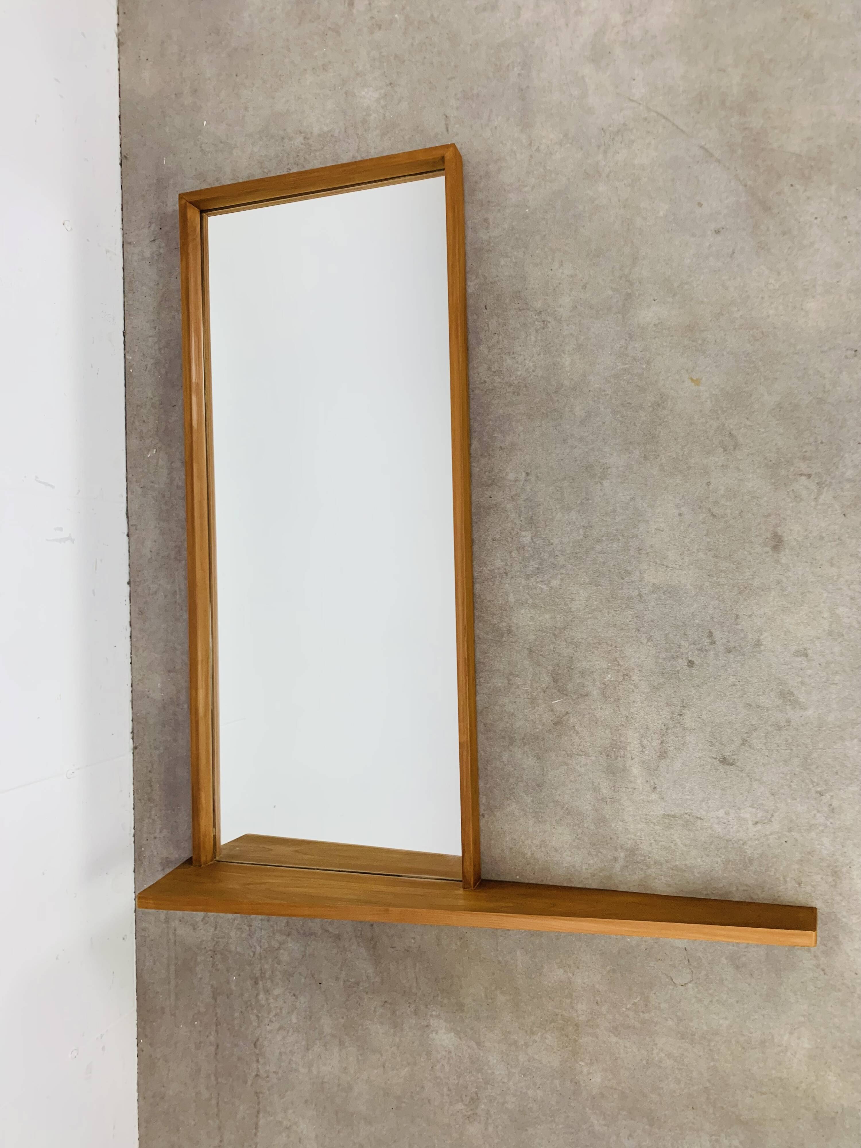 Scandinavian mirror with asymmetrical shelf in wood, 1960s