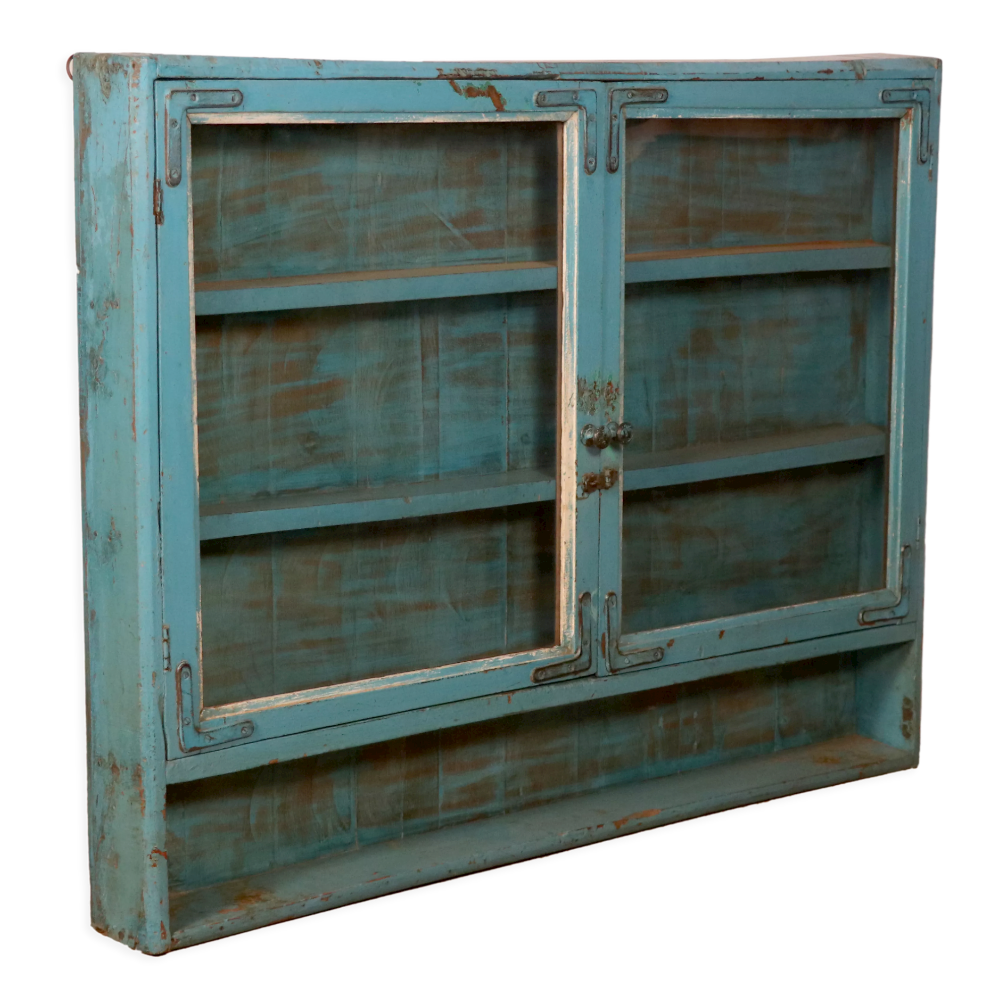 Old showcase in original blue patina Burmese teak