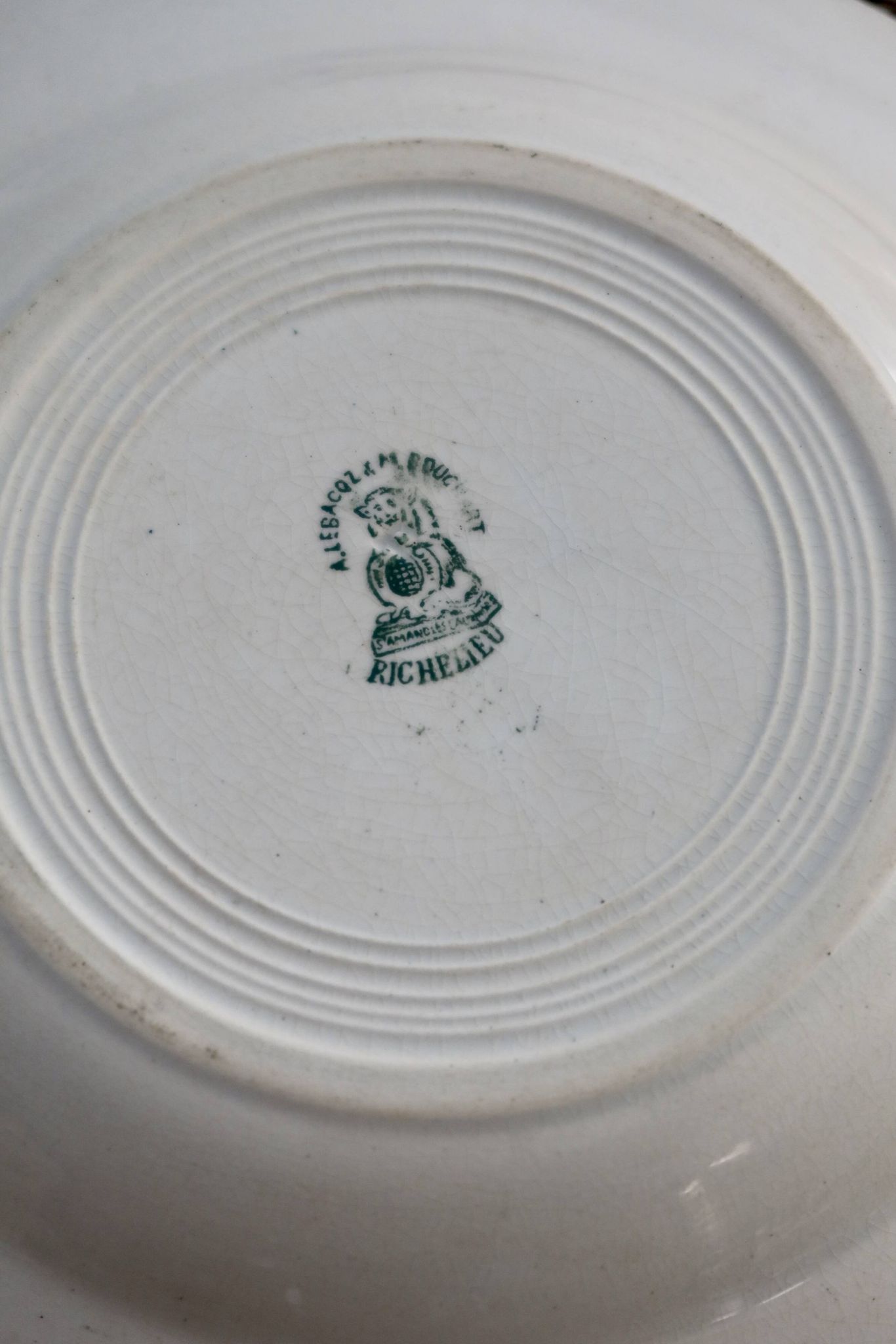 4 mismatched old green ironstone deep plates