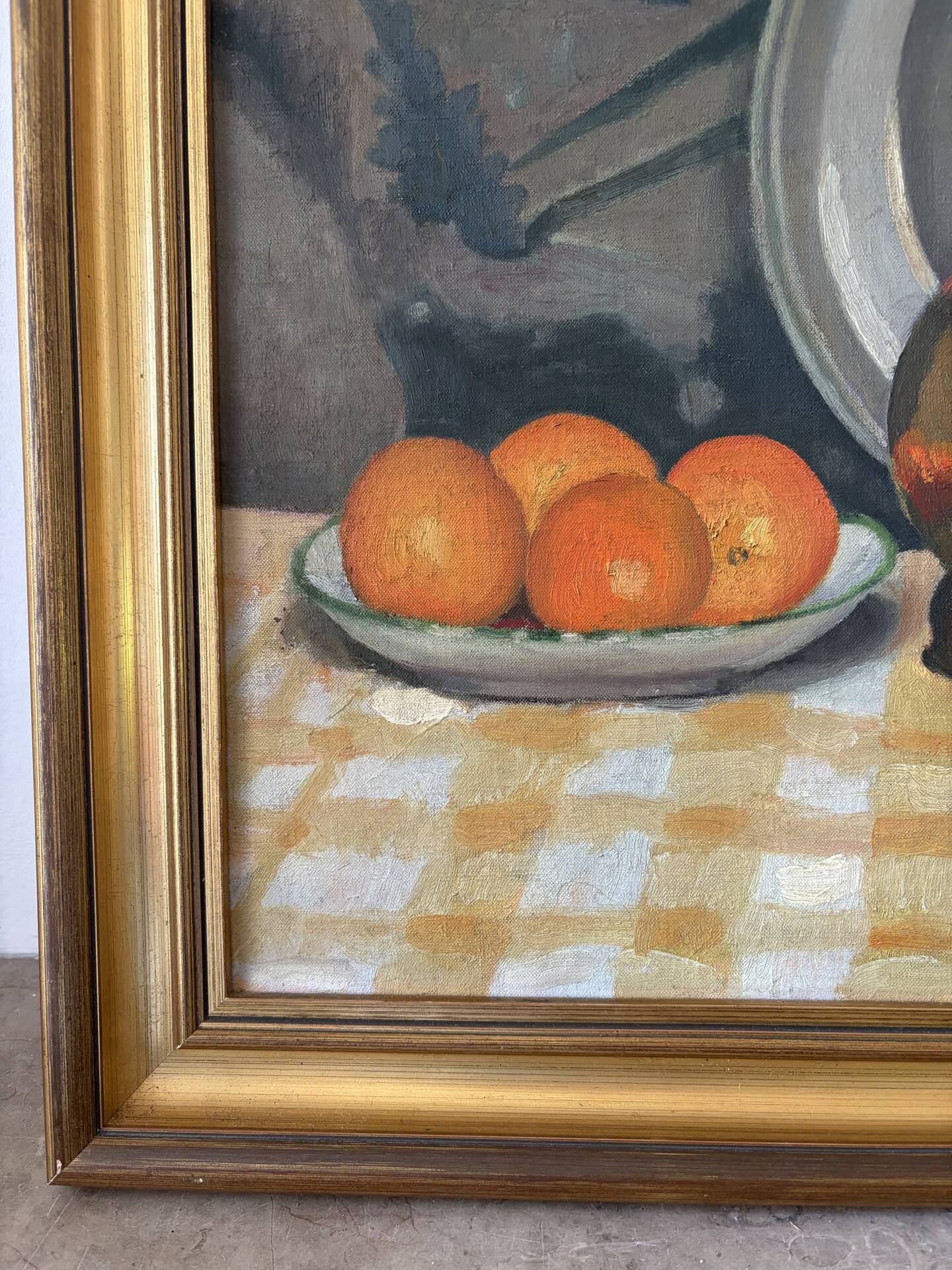 Still life on checked tablecloth, oil on canvas signed N Bonté.