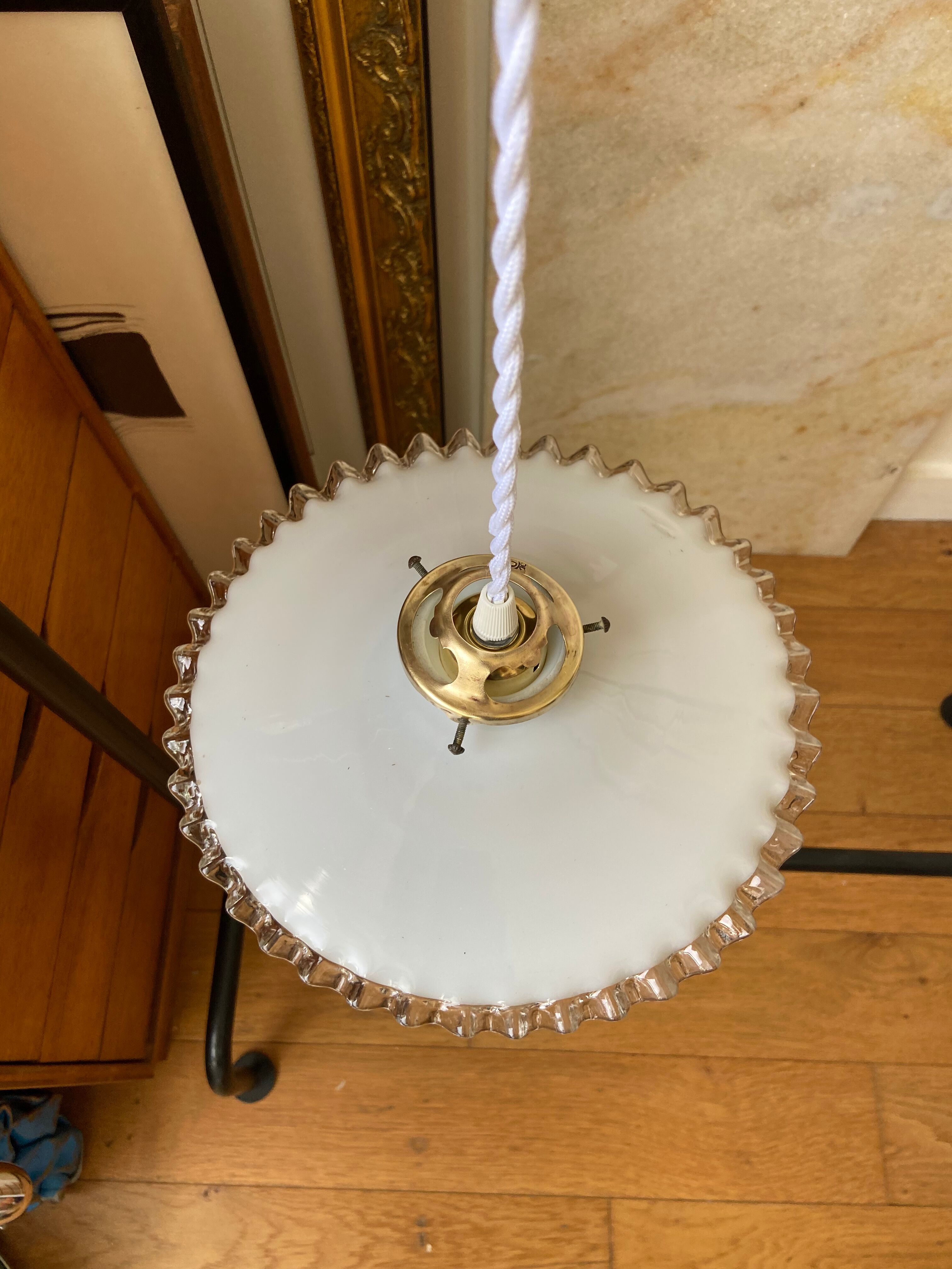 Pair of white glass hanging lamps