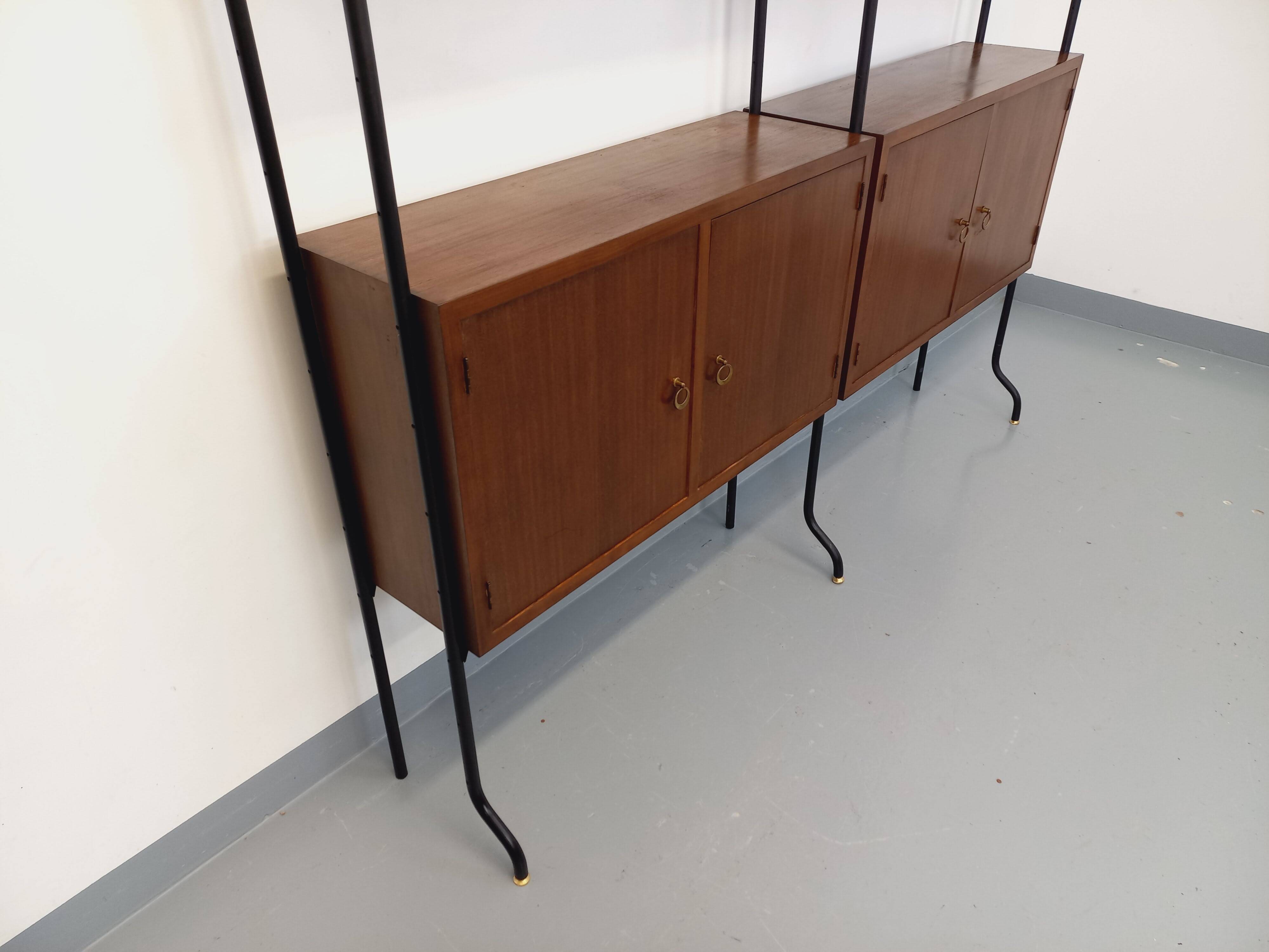 Vintage Italian double modular bookcase in wood and metal