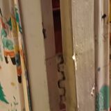 Vintage wooden children's screen from the 1950s/1960s with fairy tale fabric