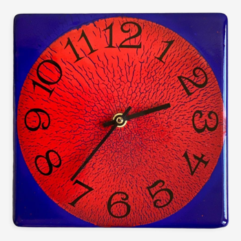 Scandinavian enamel clock, mid century square wall clock, blue and red