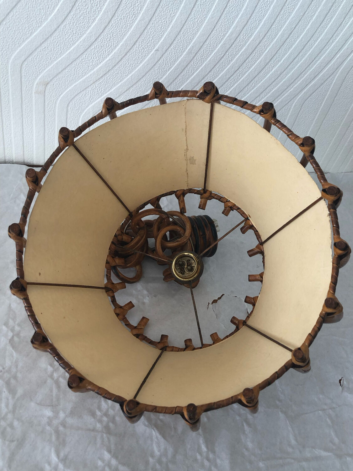 Vintage rattan pendant lamp with paper lampshade