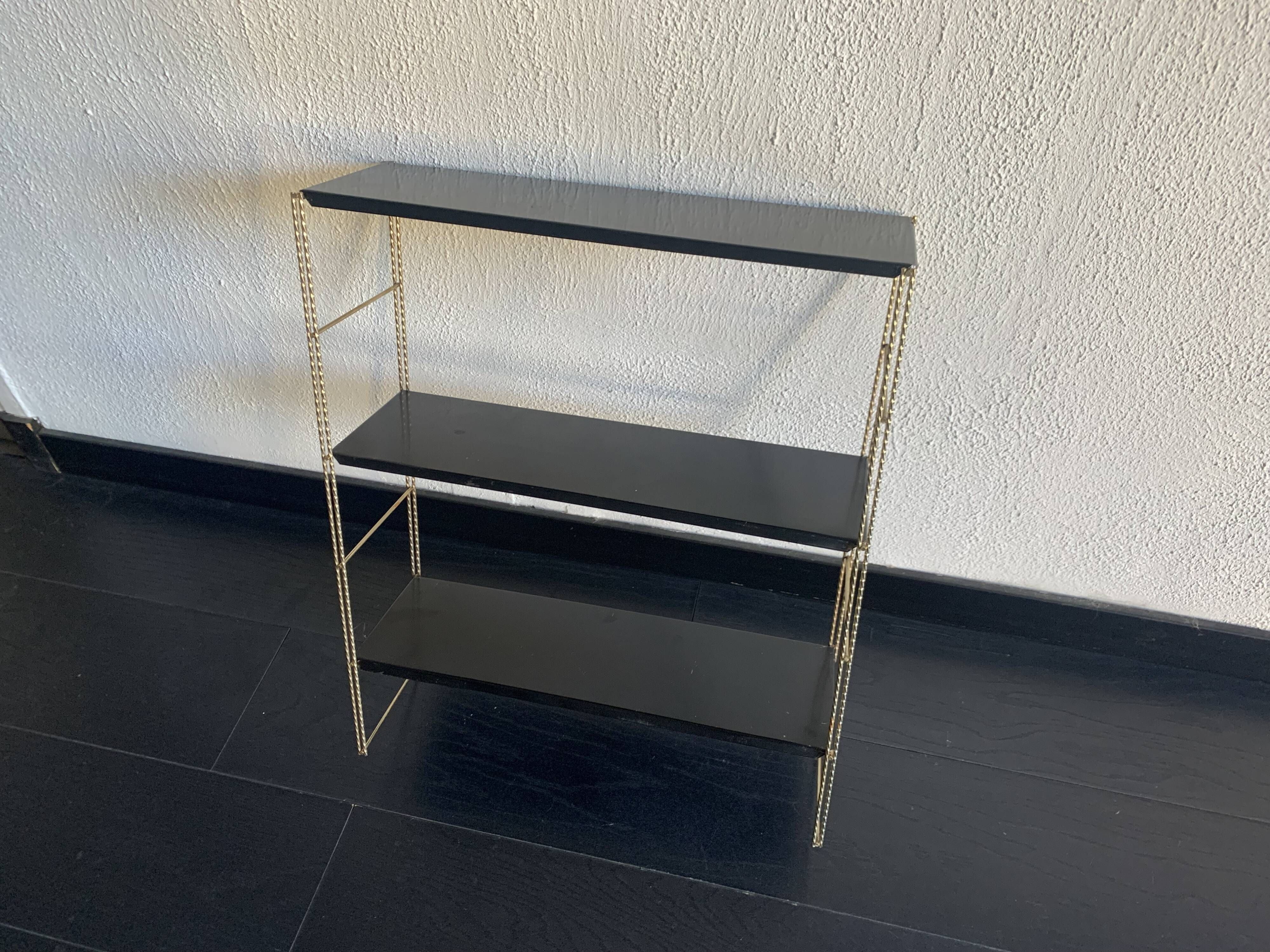 Vintage 1960 String wall shelf black and gold - 60 x 48 cm
