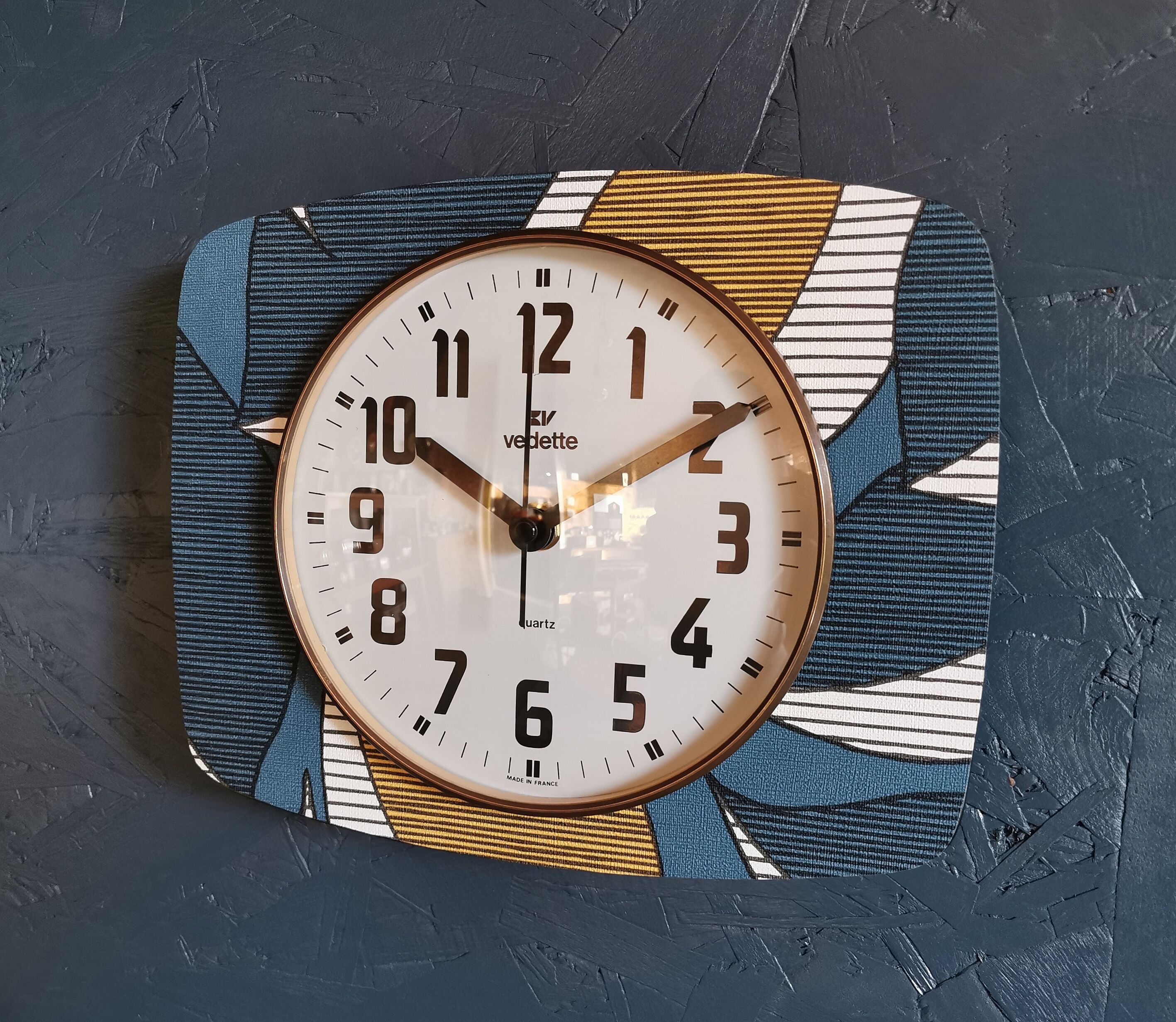 Vintage clock silent rectangular wall clock "Vedette bleu blanc ochre"
